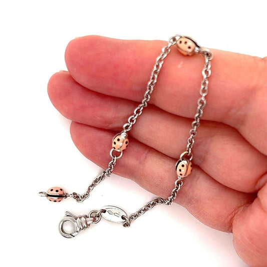 Aaron Basha Pink Enamel Ladybug 18k White Gold Bracelet