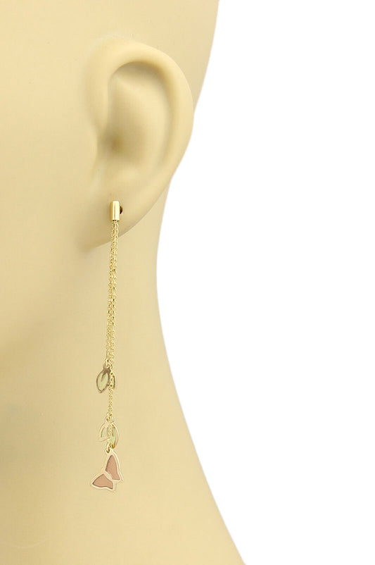 Enamel Butterfly & Leaf 14k Yellow Gold Long Triple Chain Dangle Earrings