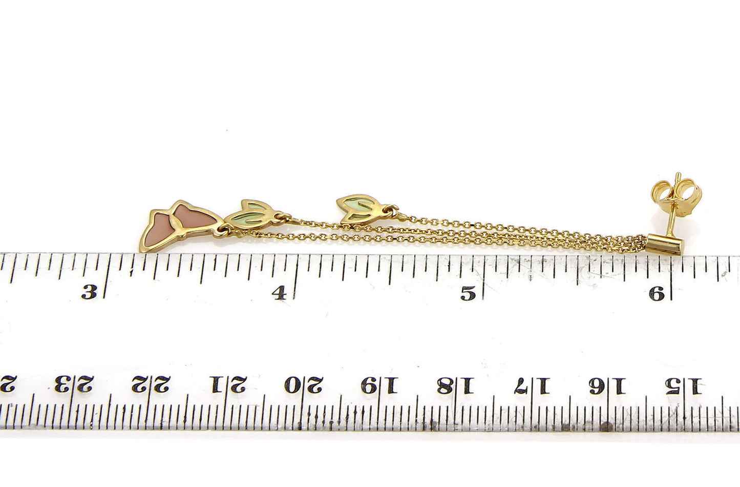 Enamel Butterfly & Leaf 14k Yellow Gold Long Triple Chain Dangle Earrings