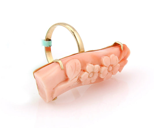 Long Coral Curved Floral 14k Yellow Gold Bar Ring - Size 7