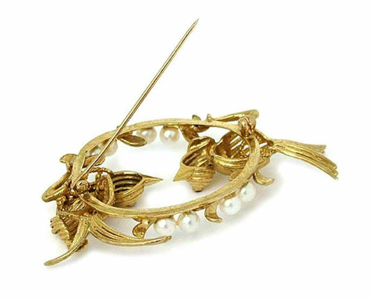 Pearl & Ruby Two Bird 14k Yellow Gold Pin Brooch