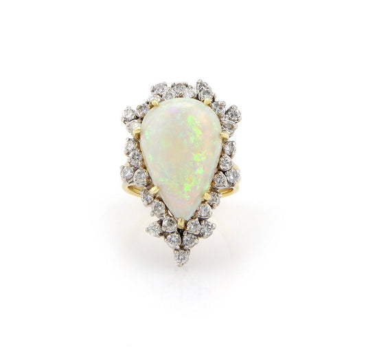 Pear Shaped 8.00ct Australian Opal & Diamond 18k White Gold Ring - Size 6