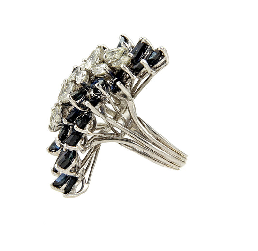 Marquise Diamond & Sapphire 18k White Gold Long Finger Cluster Ring - Size 5