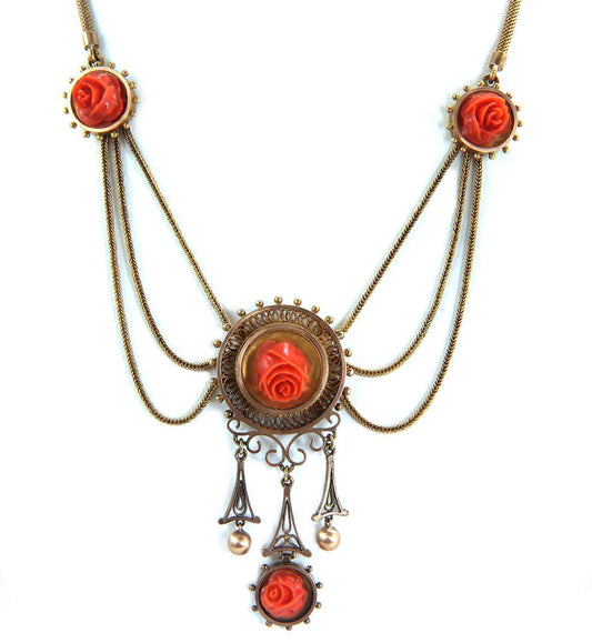 Carved Rose Coral 14k Yellow Gold l Bib Necklace