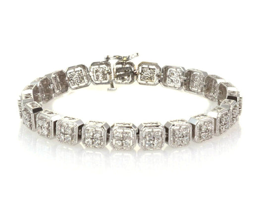 Diamond 14k White Gold Milgrain Cushion Link Bracelet