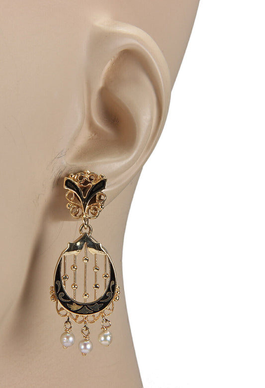 Pearls & Enamel Dangle 14k Yellow Gold Earrings