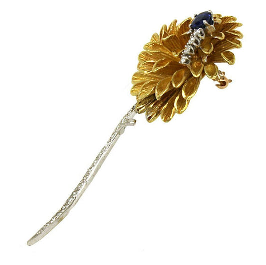 Diamond & Sapphire 18k Two Tone Gold Fancy Flower Pin Brooch