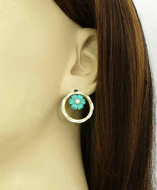 Enamel & Pearls 14k Yellow Gold Floral Circle Earrings