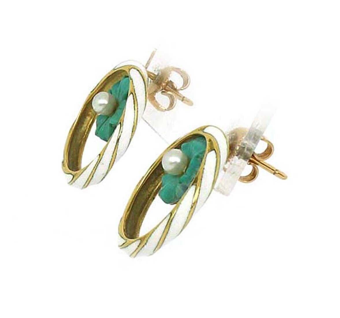 Enamel & Pearls 14k Yellow Gold Floral Circle Earrings