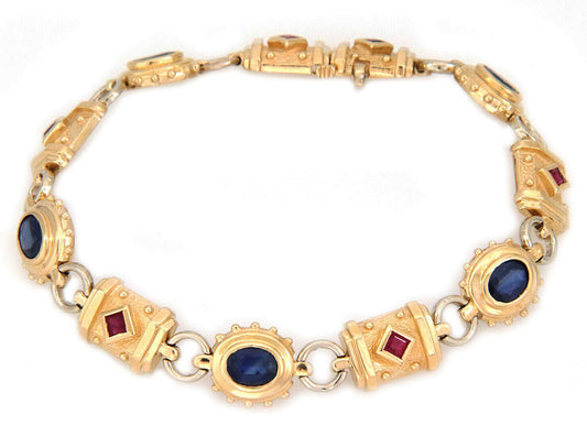 Sapphire & Ruby 14k Yellow Gold Bar Link Bracelet