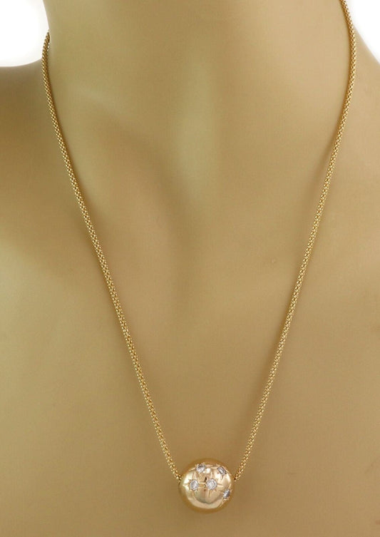 Diamond Star Burst 14k Yellow Gold Ball Pendant & Flex Mesh Necklace