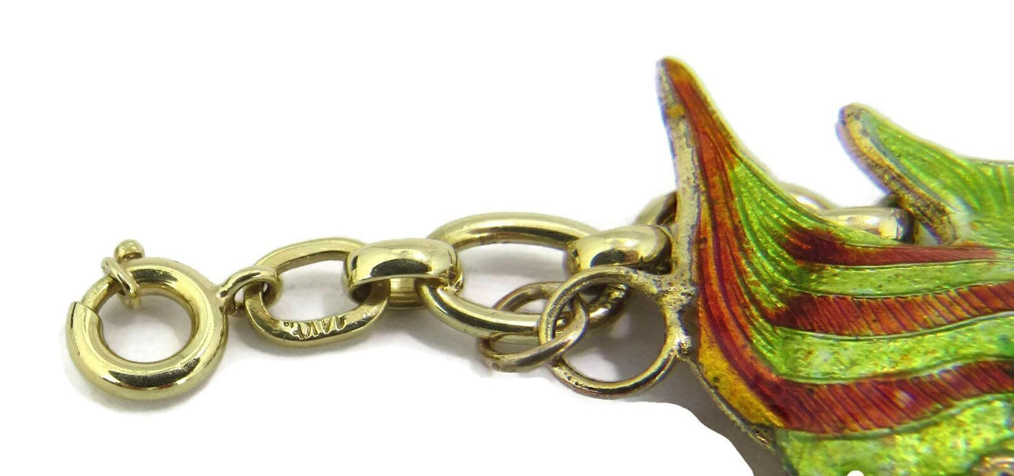 Multi-Color Enamel 5 Fish 14k Yellow Gold Charms Chain Bracelet