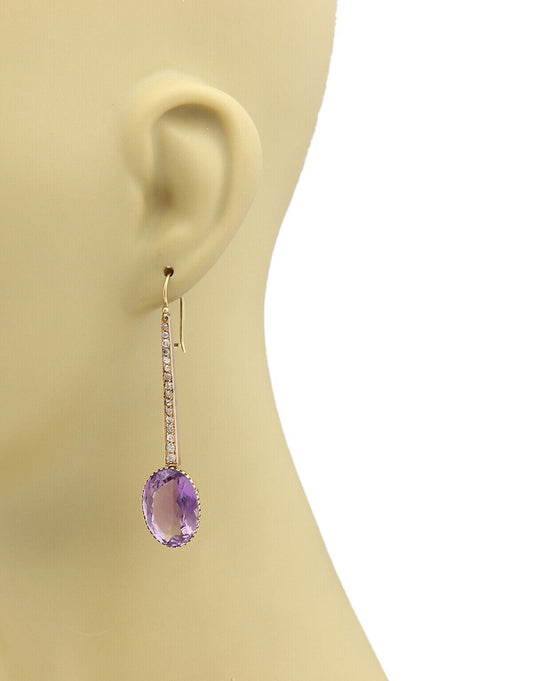 Diamond & Amethyst 18k Rose Yellow Gold Long Dangle Earrings