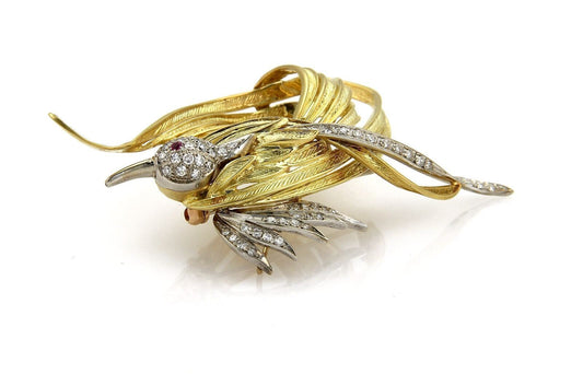 Garavelli Aldo 18k Two Tone Gold Diamond & Ruby Bird Brooch Pin Pendant