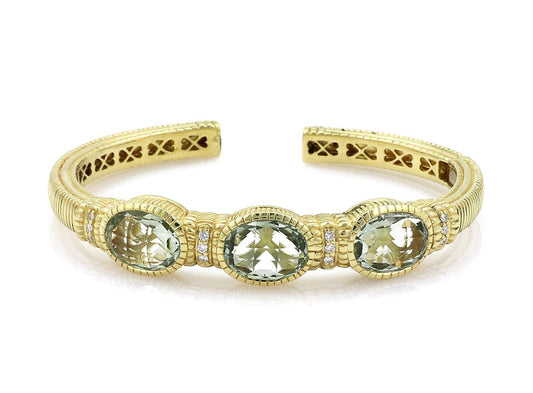 Judith Ripka Prasiolite Diamond 18k Gold 3 Stones Hinged Cuff Bracelet