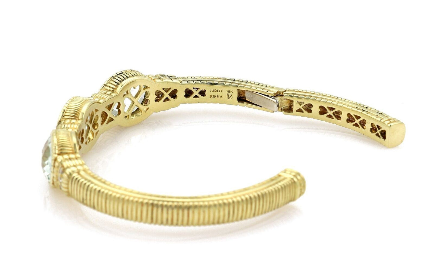 Judith Ripka Prasiolite Diamond 18k Gold 3 Stones Hinged Cuff Bracelet