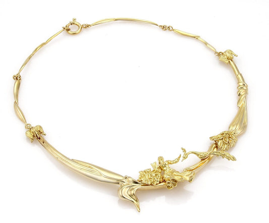 Woman & Peacock 14k Gold Link Collar Necklace