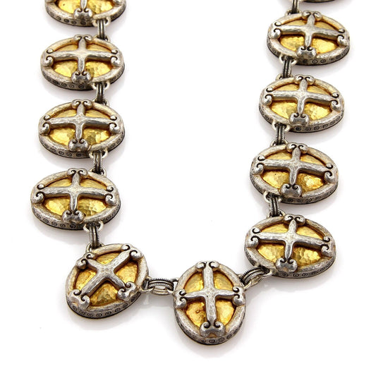 Gurhan Crest 24k Gold Overlay & Sterling Hammered Cross Hefty Necklace