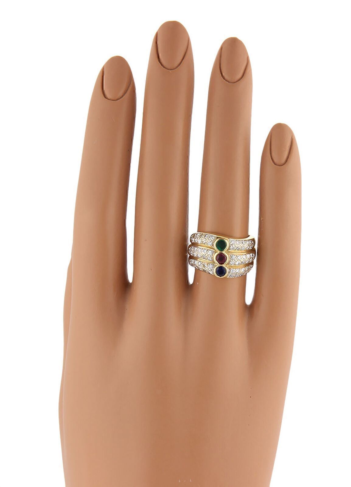 Diamond & Multi-Color Gems 18k Yellow Gold 3 Row Stack Ring - Size 5