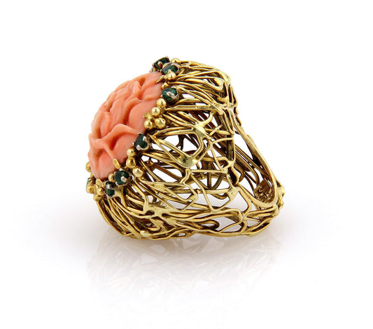 J. Auen 14k Yellow Gold Coral & Emerald Large Flower Ring - Size 6