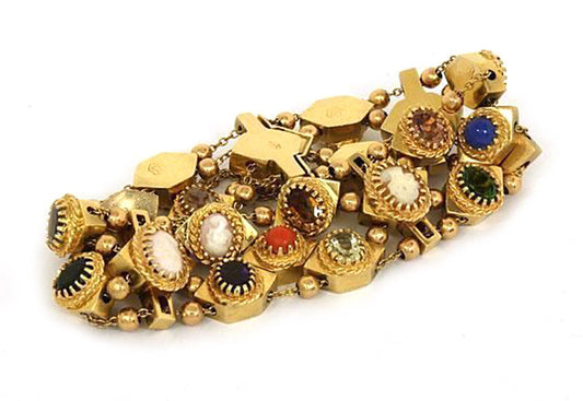 Multicolor Gemstone Cameo 14k Yellow Gold Slide Bracelet 8"