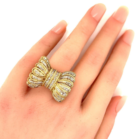 Diamond Fancy Frilled 14k Two Tone Gold Bow Ring - Size 8