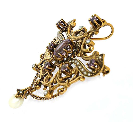 Amethyst & Seed Pearls 14k Yellow Gold Fancy Design Pendant Brooch Pin