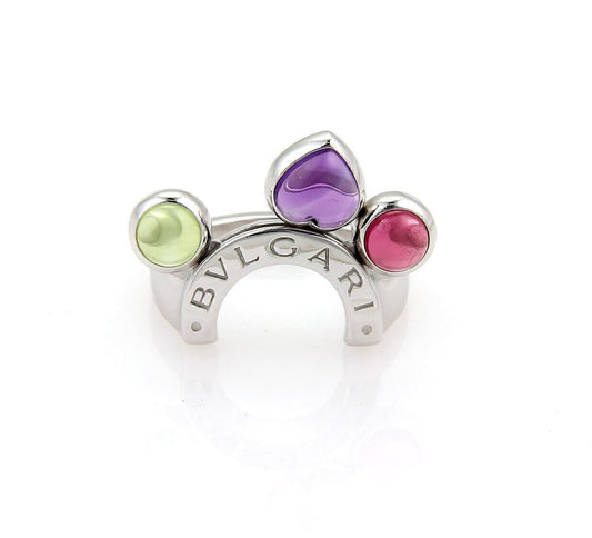Bvlgari Allegra Amethyst Peridot & Tourmaline 18k white Gold Ring - Size 5