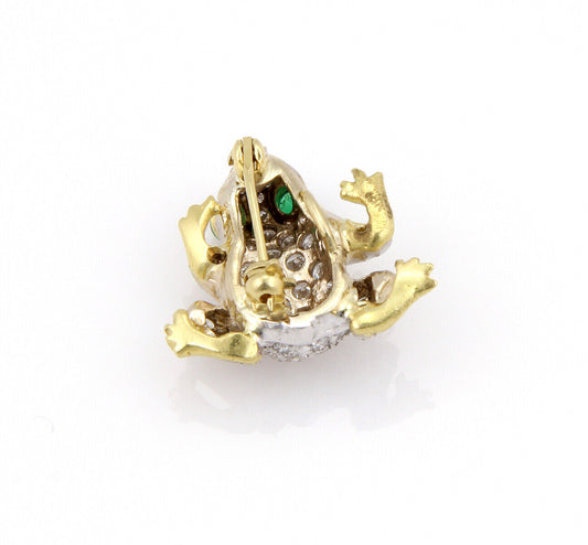 Diamonds & Emerald 18k Two Tone Gold Frog Pin Brooch