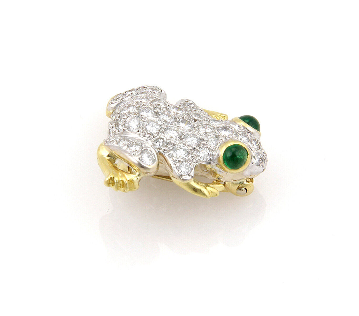 Diamonds & Emerald 18k Two Tone Gold Frog Pin Brooch
