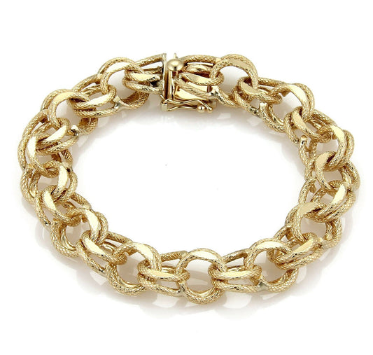 Textured Double Round 12mm Wide 14k Yellow Gold Link Charm Bracelet