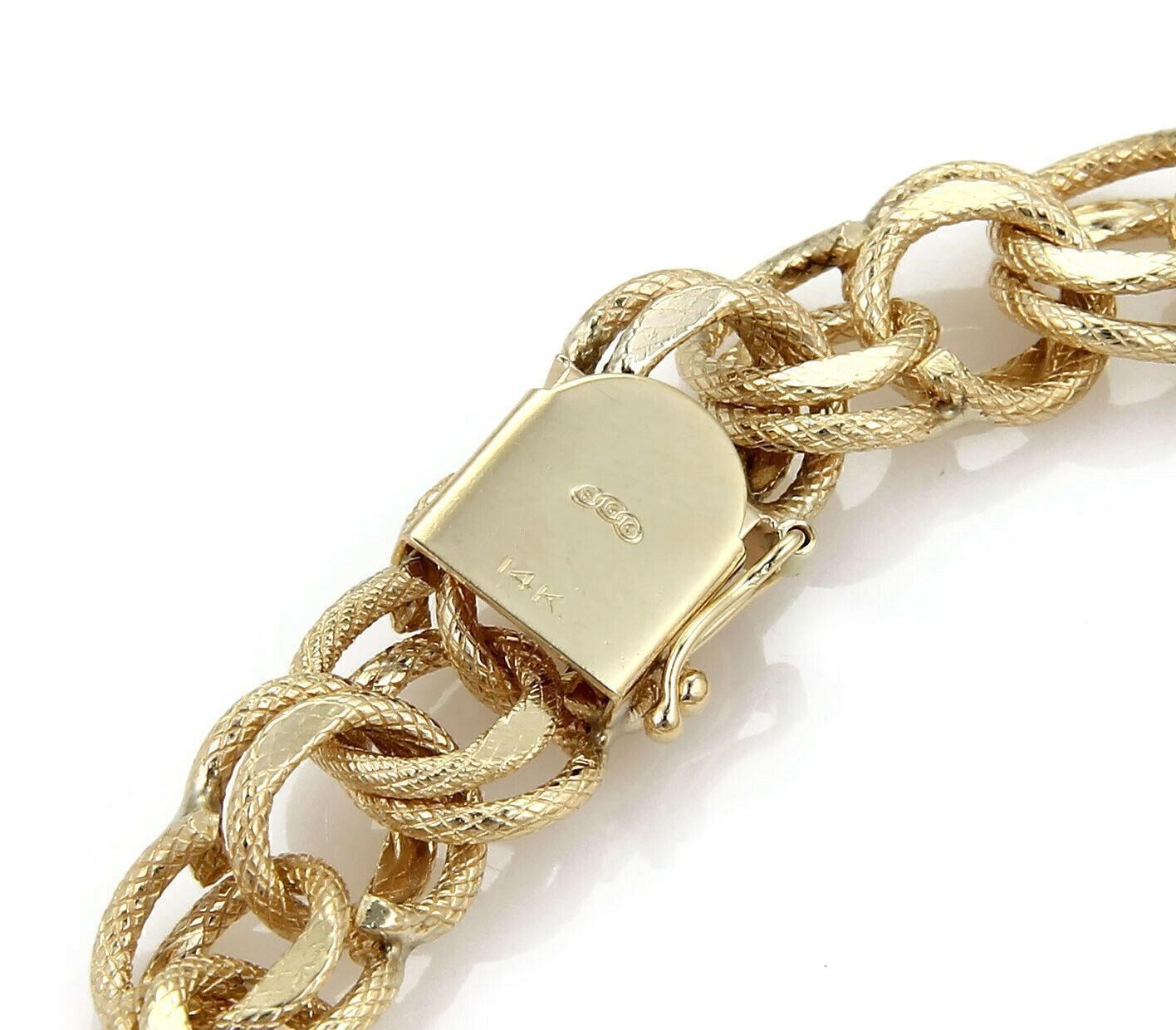 Textured Double Round 12mm Wide 14k Yellow Gold Link Charm Bracelet