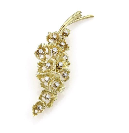Diamond Floral 14k Yellow Gold Cluster Large Leaf Pin Brooch