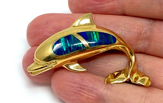 Opal Inlay Dolphin 14k Yellow Gold Charm Pendant