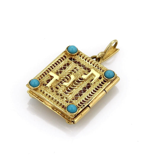 Turquoise 14k Yellow Gold Filigree Prayer Book Charm Pendant
