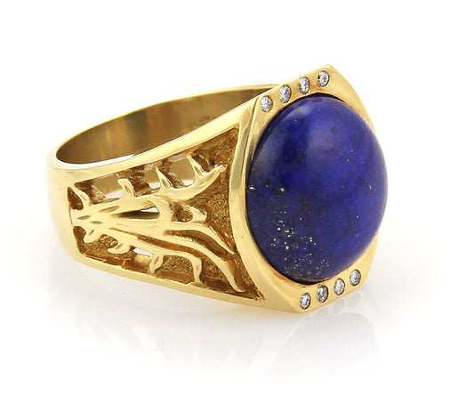 Diamonds and Lapis Open Design Solitaire 18k Yellow Gold Ring - Size 9