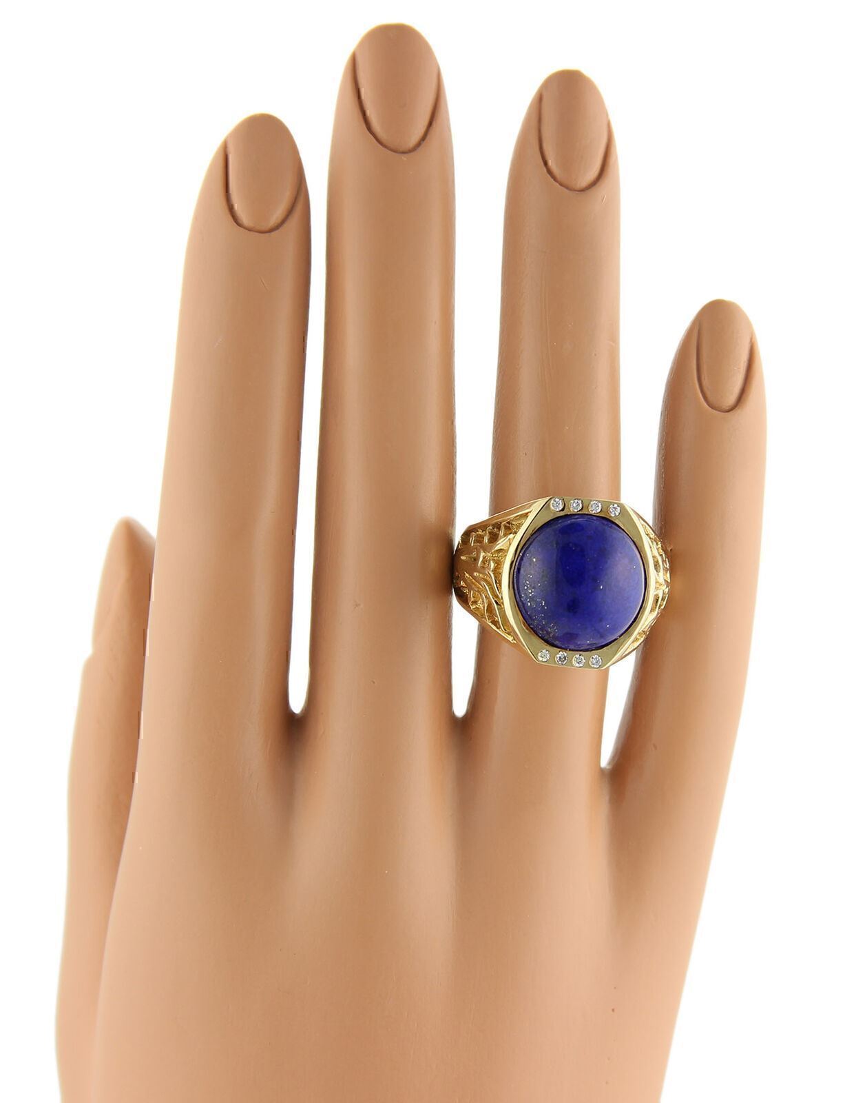 Diamonds and Lapis Open Design Solitaire 18k Yellow Gold Ring - Size 9