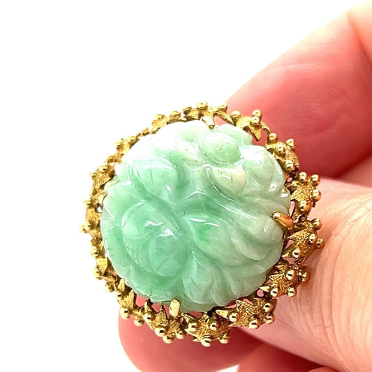 Carved Jade Fancy Floral 14k Yellow Gold Dome Ring - Size 7