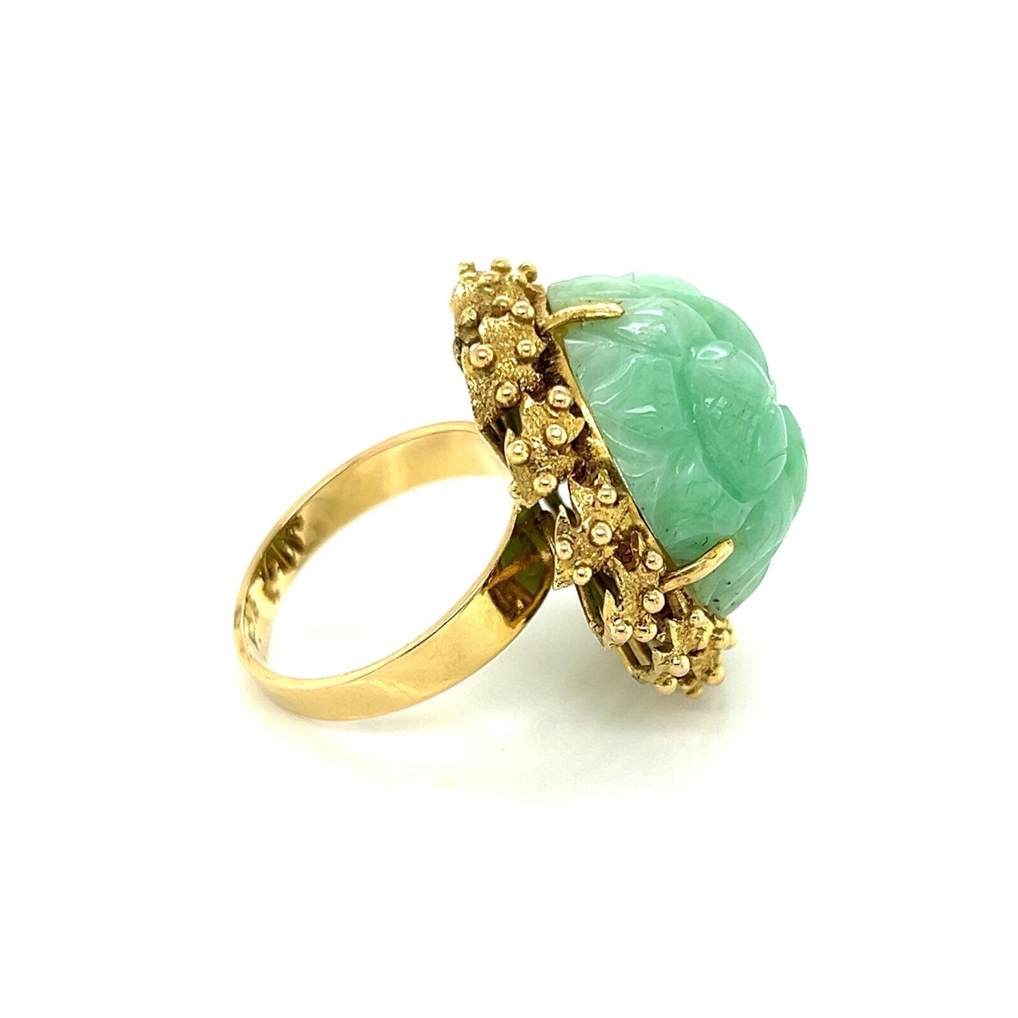 Carved Jade Fancy Floral 14k Yellow Gold Dome Ring - Size 7