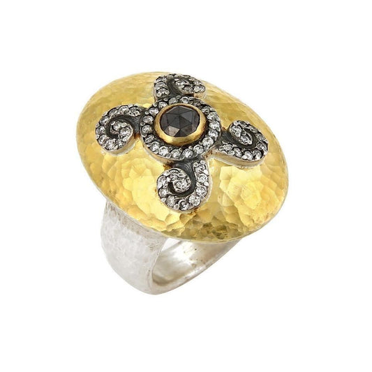 Gurhan Oval Dome Diamond 24k Gold & Sterling Silver Hammered Ring - Size 6.5
