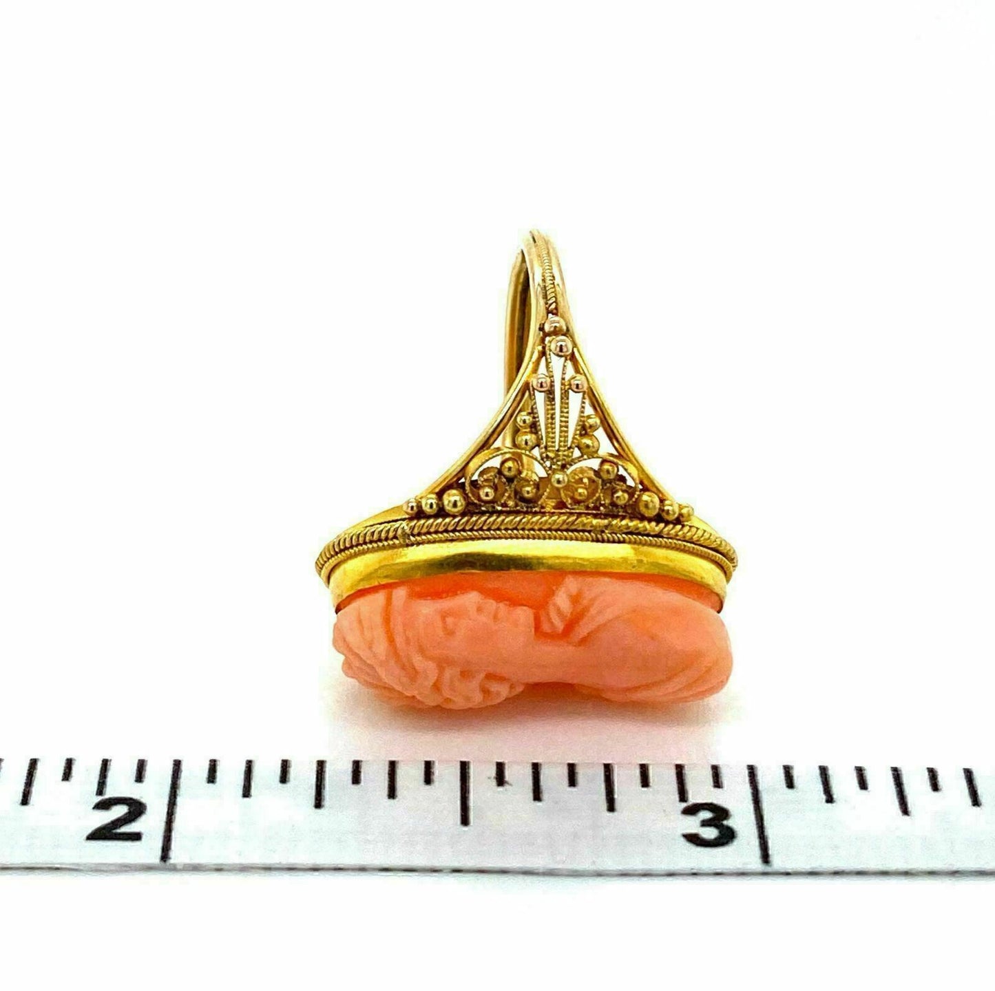 Carved Coral Cameo 18k Yellow Gold Ring - Size 4