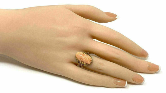 Carved Coral Cameo 18k Yellow Gold Ring - Size 4