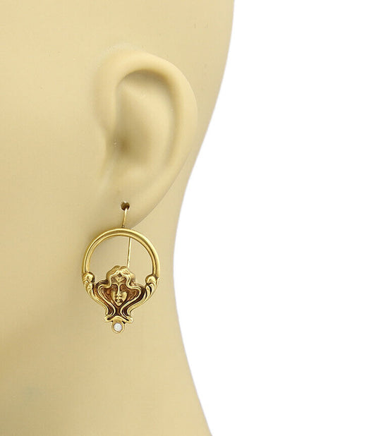 Opal Woman's Face Circle Dangle 14k Yellow Gold Earrings