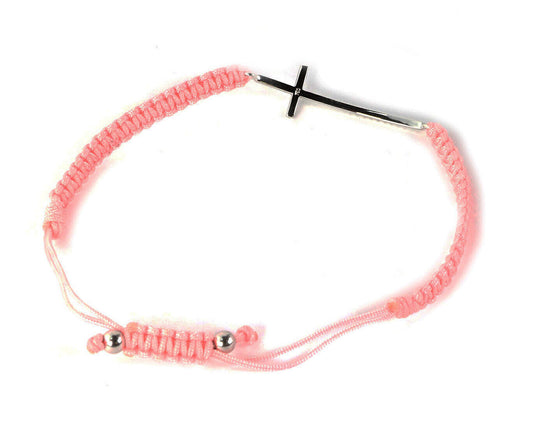 Diamond 18k White Gold Sideway Cross Charm Braided Pink Cord Bracelet