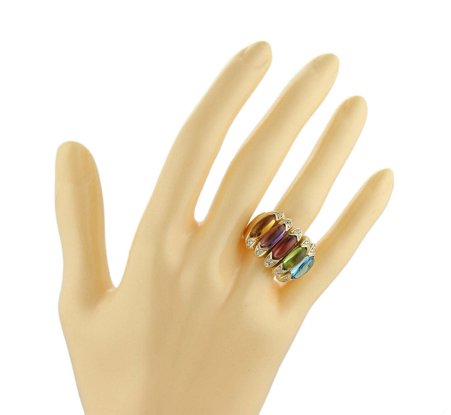 Diamond & Multicolor Gems 18k Yellow Gold Large Band Ring - Size 7