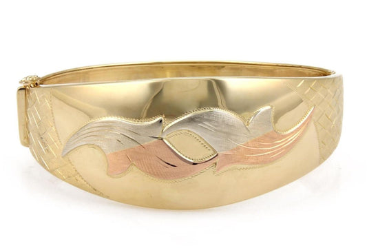 Wide Dome Shape Floral 18k Tree Color Gold Bangle Bracelet