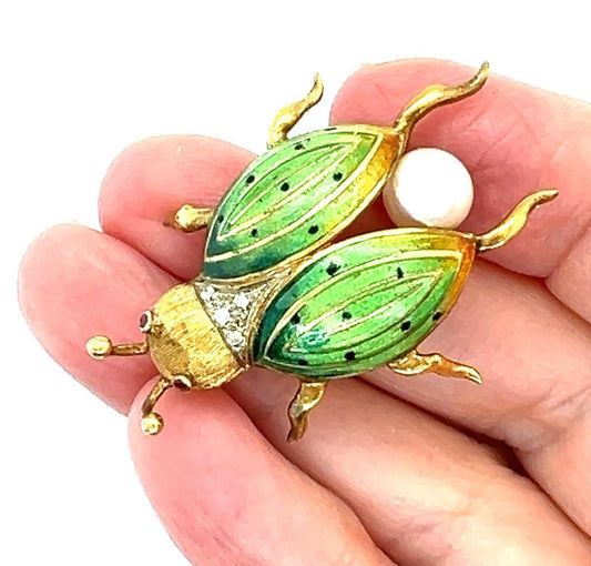 Diamond Pearl & Ruby Enamel 18k Yellow Gold Beetle Bug Pin Brooch