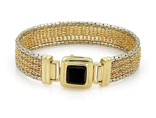 Wide 14k Yellow Mesh Gold & Onyx Bracelet