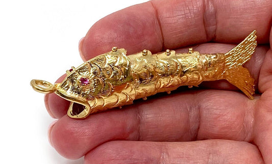 Animated Large 14k Yellow Gold Fish & Pink Sapphire Charm Pendant