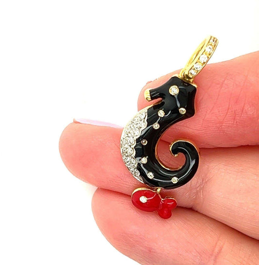 Aaron Basha Diamond Enamel 18k Yellow Gold Seahorse Fish Charm Pendant